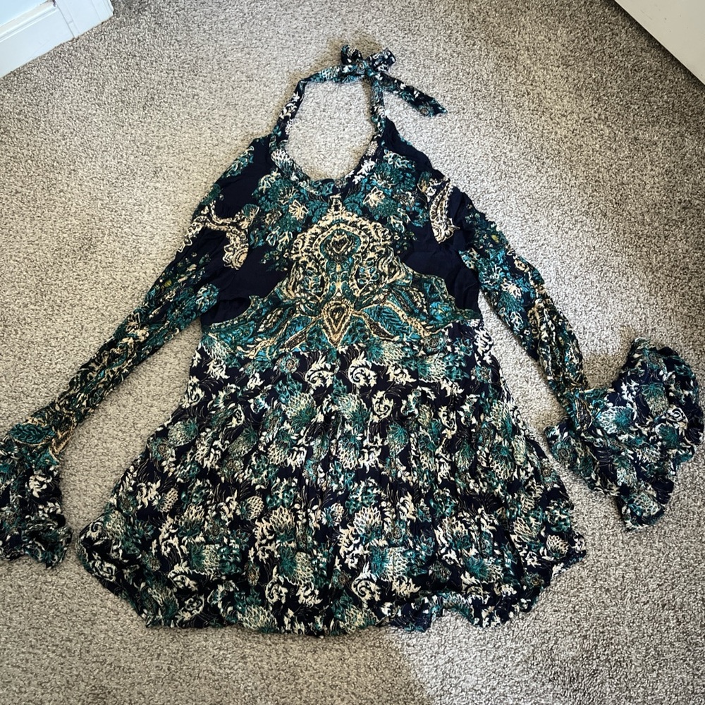 Free People Teal and Black Floral Top